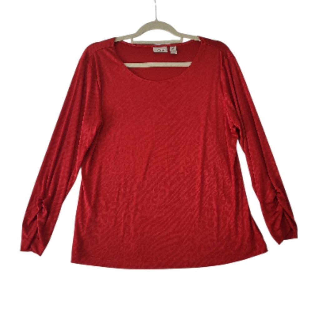 Chicos Easywear Women Size 2 US L 12 Red Stretch Animal Print Top Blouse Holiday